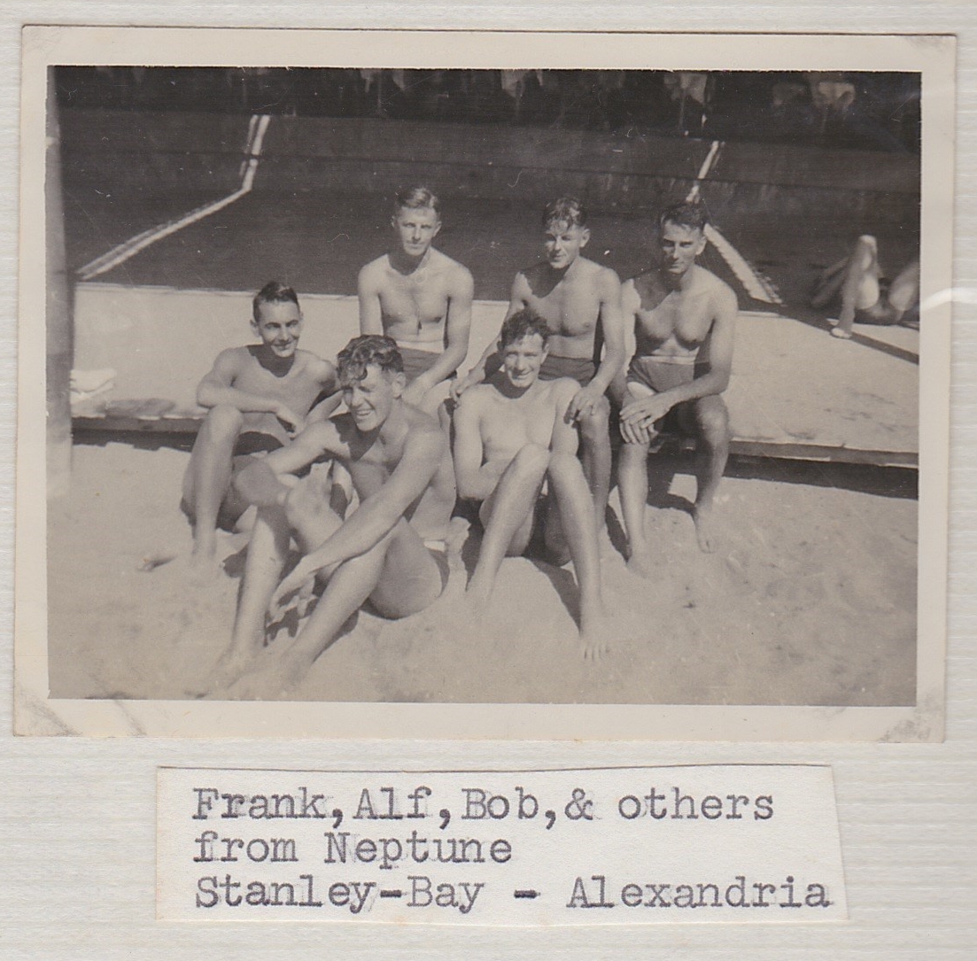 Alf Simpson, Bob MacDonald and others from HMS Neptune during shore leave in Stanley Bay, Alexandria