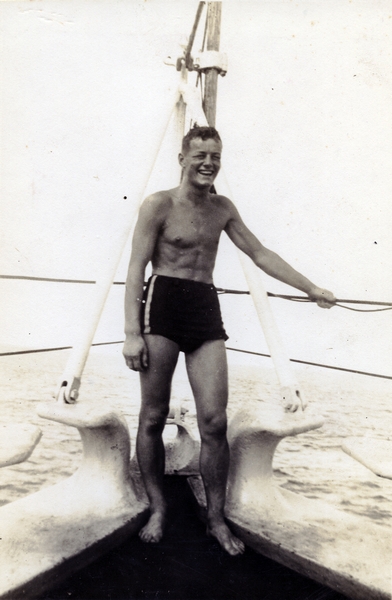 Leading Stoker Graeme Dawson on bows of HMS Achilles